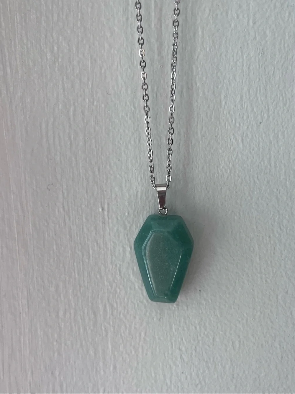 GREEN AVENTURINE natural stone coffin pendant necklace with silver chain NEW